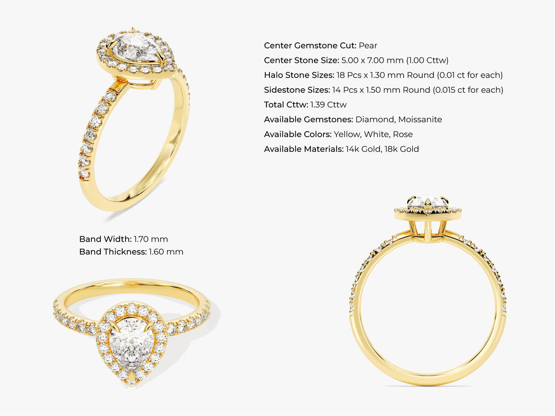 Pear Halo Moissanite Engagement Ring with Pave Set Side Stones (1.00 CT)