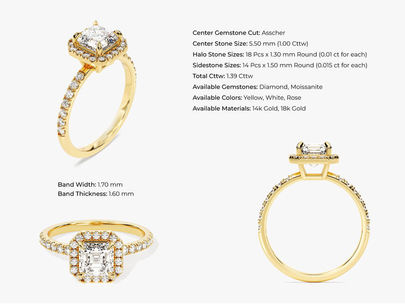 Asscher Halo Moissanite Engagement Ring with Pave Set Side Stones (1.00 CT)