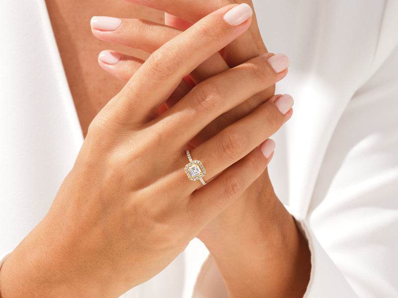 Asscher Halo Moissanite Engagement Ring with Pave Set Side Stones (1.00 CT)