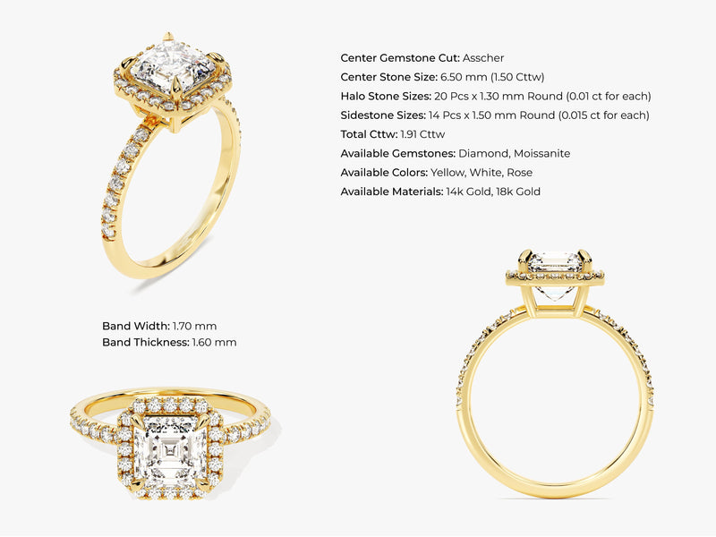 Asscher Halo Moissanite Engagement Ring with Pave Set Side Stones (1.50 CT)