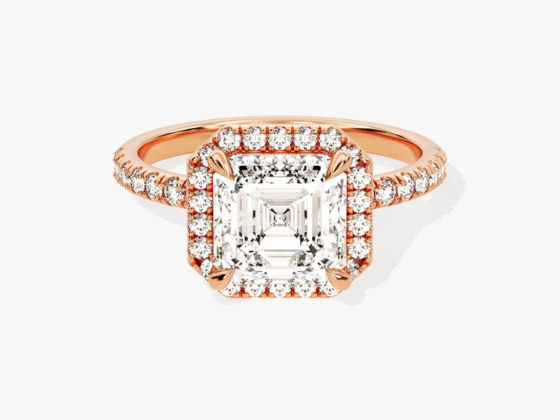 Asscher Halo Moissanite Engagement Ring with Pave Set Side Stones (2.00 CT)