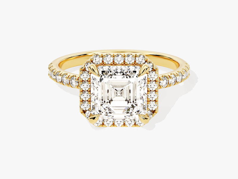 Asscher Halo Moissanite Engagement Ring with Pave Set Side Stones (2.00 CT)