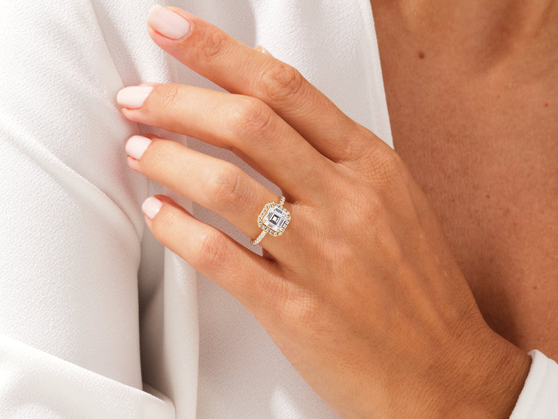 Asscher Halo Moissanite Engagement Ring with Pave Set Side Stones (2.00 CT)
