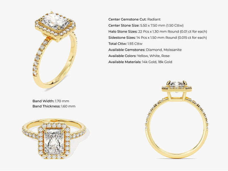 Radiant Halo Moissanite Engagement Ring with Pave Set Side Stones (1.50 CT)