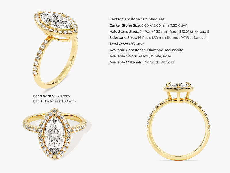 Marquise Halo Moissanite Engagement Ring with Pave Set Side Stones (1.50 CT)