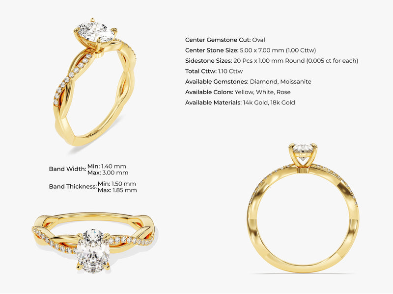 Oval Twisted Moissanite Engagement Ring with Pave Set Side Stones (1.00 CT)