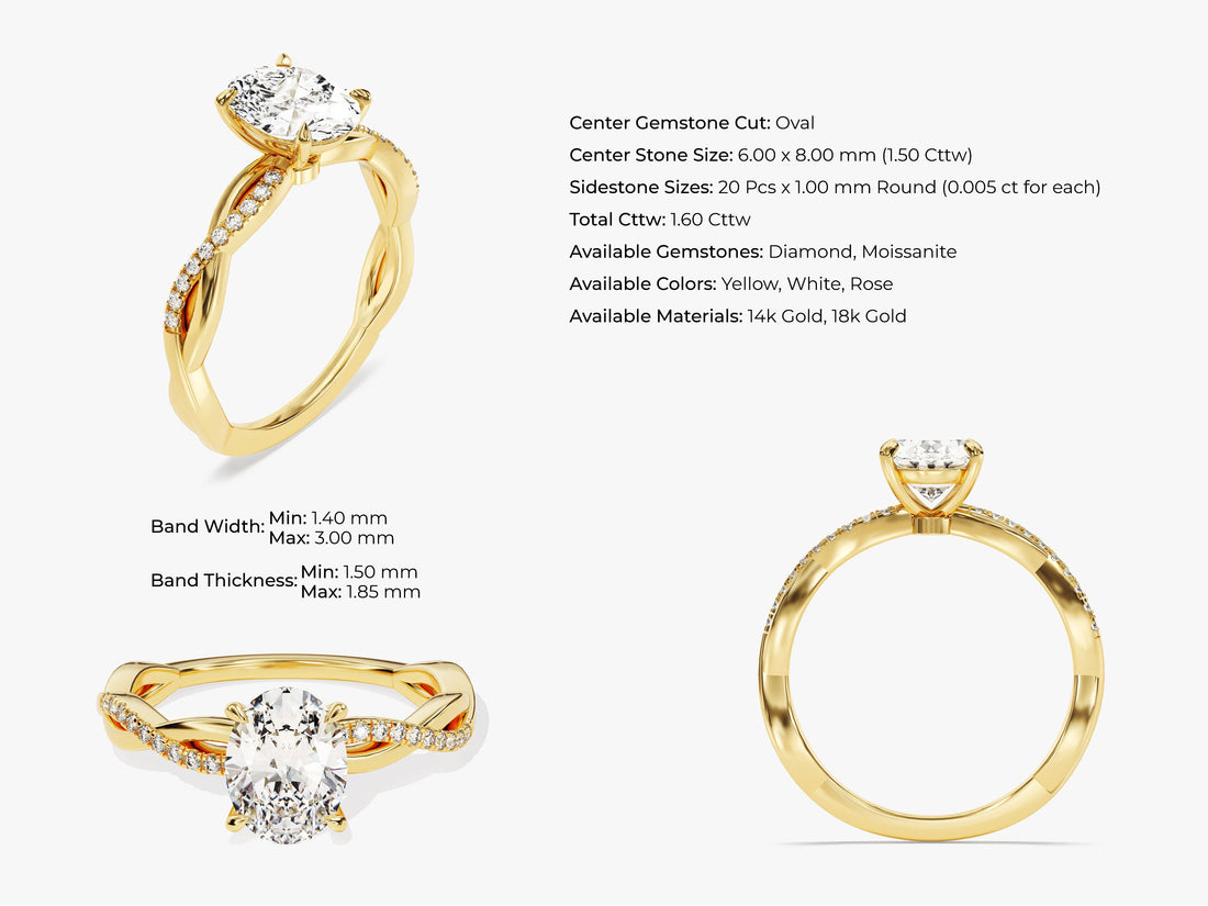 Oval Twisted Moissanite Engagement Ring with Pave Set Side Stones (1.50 CT)