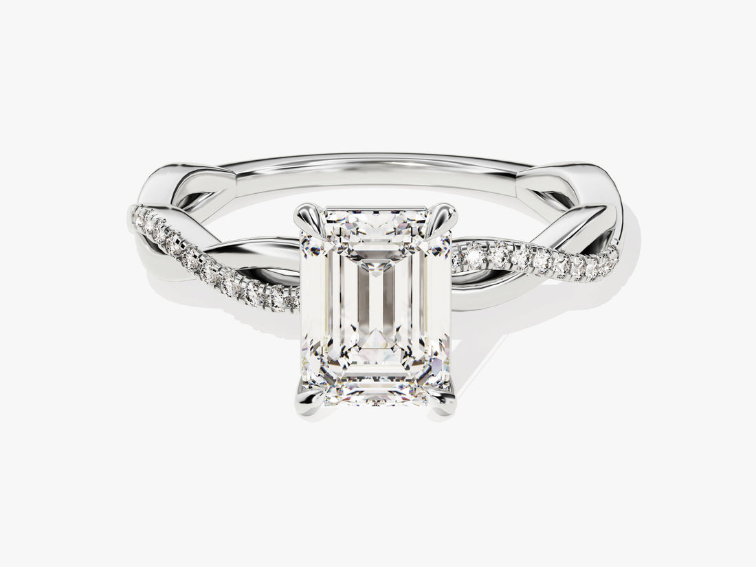 Emerald Twisted Moissanite Engagement Ring with Pave Set Side Stones (1.50 CT)