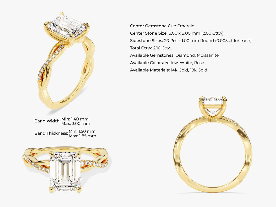 Emerald Twisted Moissanite Engagement Ring with Pave Set Side Stones (2.00 CT)