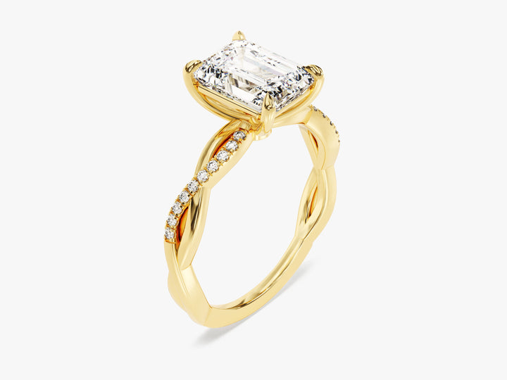 Emerald Twisted Moissanite Engagement Ring with Pave Set Side Stones (2.00 CT)