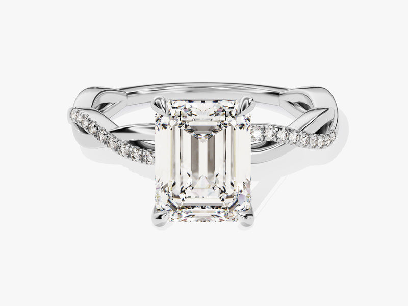 Emerald Twisted Moissanite Engagement Ring with Pave Set Side Stones (2.00 CT)