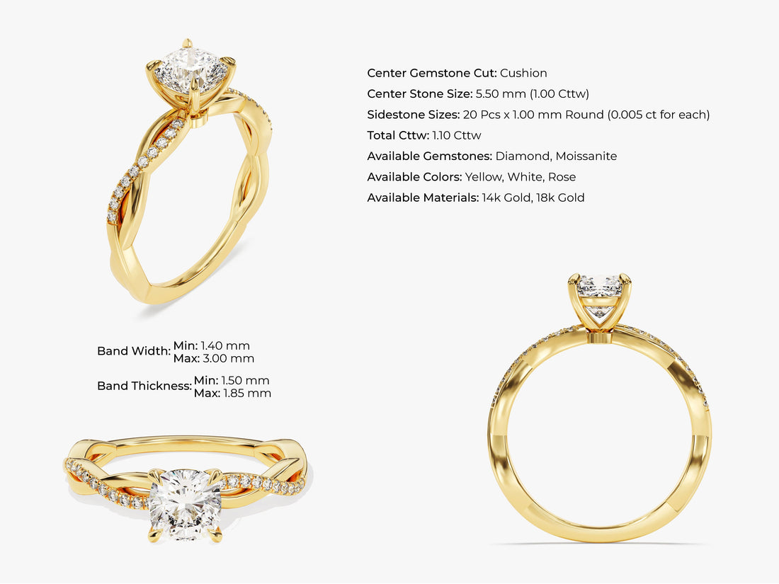 Cushion Twisted Moissanite Engagement Ring with Pave Set Side Stones (1.00 CT)