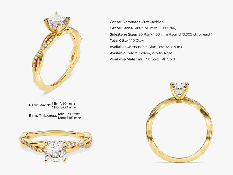 Cushion Twisted Moissanite Engagement Ring with Pave Set Side Stones (1.00 CT)
