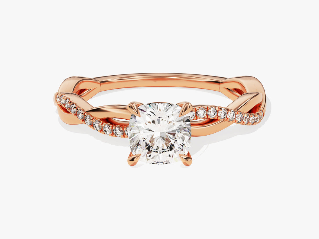 Cushion Twisted Moissanite Engagement Ring with Pave Set Side Stones (1.00 CT)