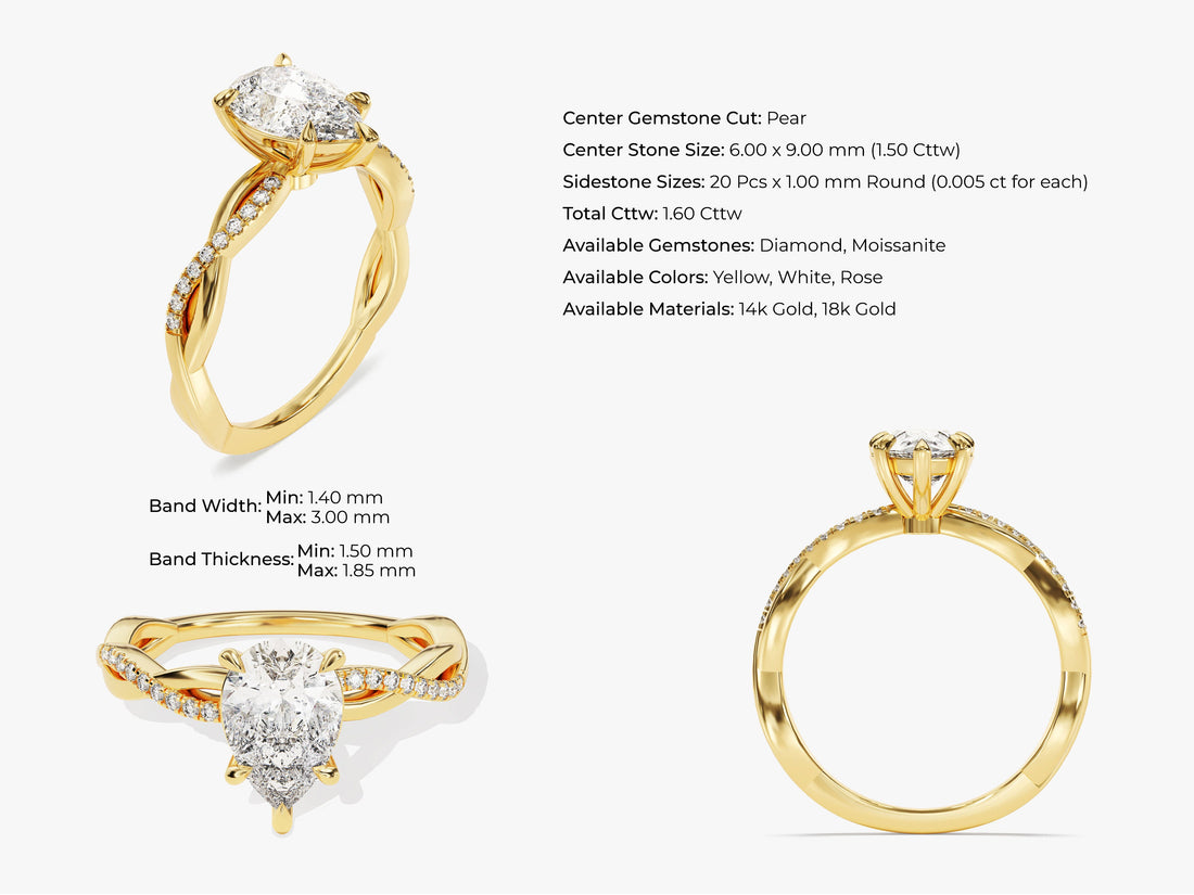 Pear Twisted Moissanite Engagement Ring with Pave Set Side Stones (1.50 CT)