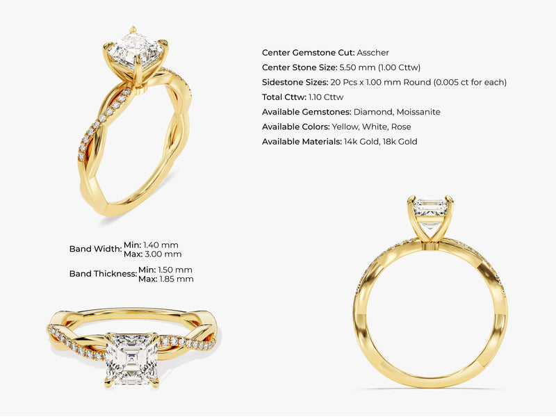 Asscher Twisted Moissanite Engagement Ring with Pave Set Side Stones (1.00 CT)
