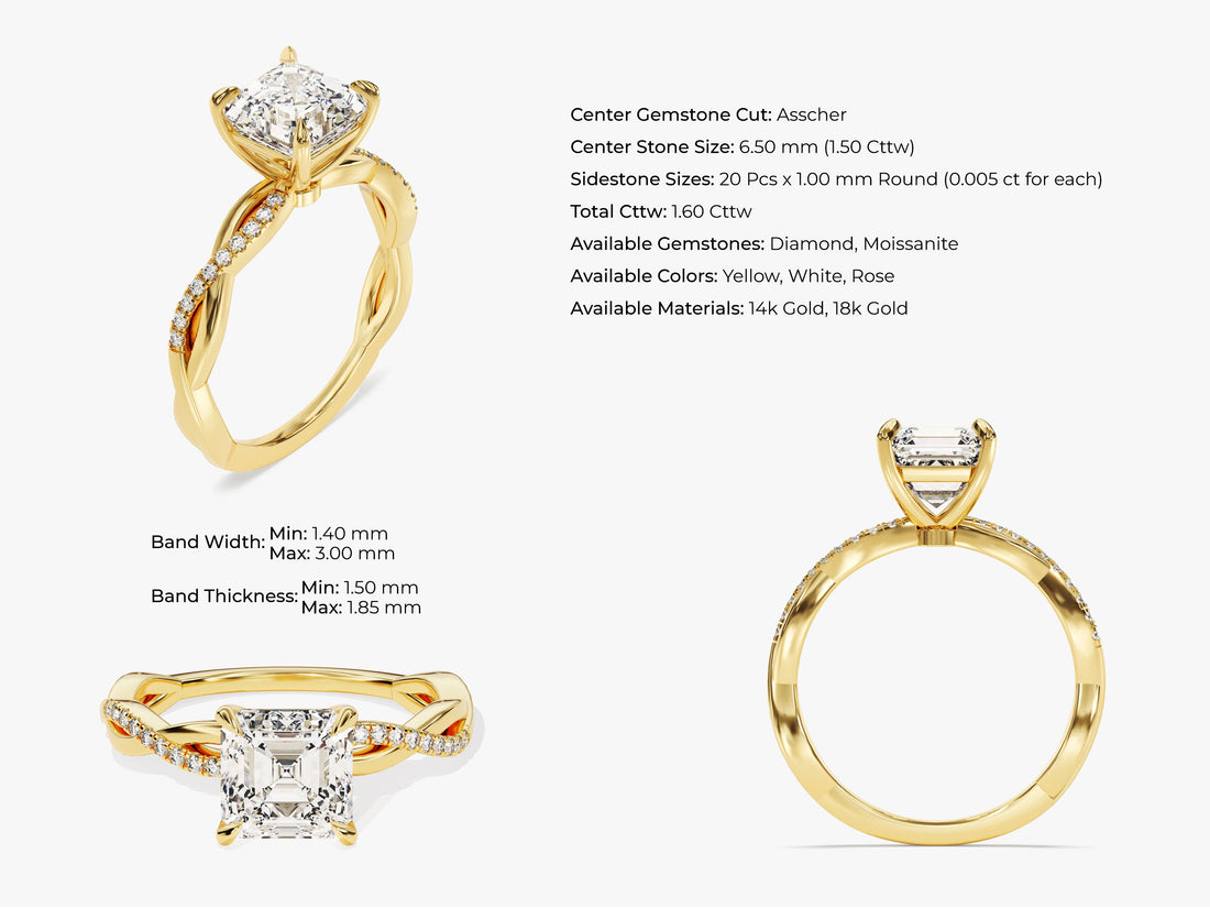 Asscher Twisted Moissanite Engagement Ring with Pave Set Side Stones (1.50 CT)
