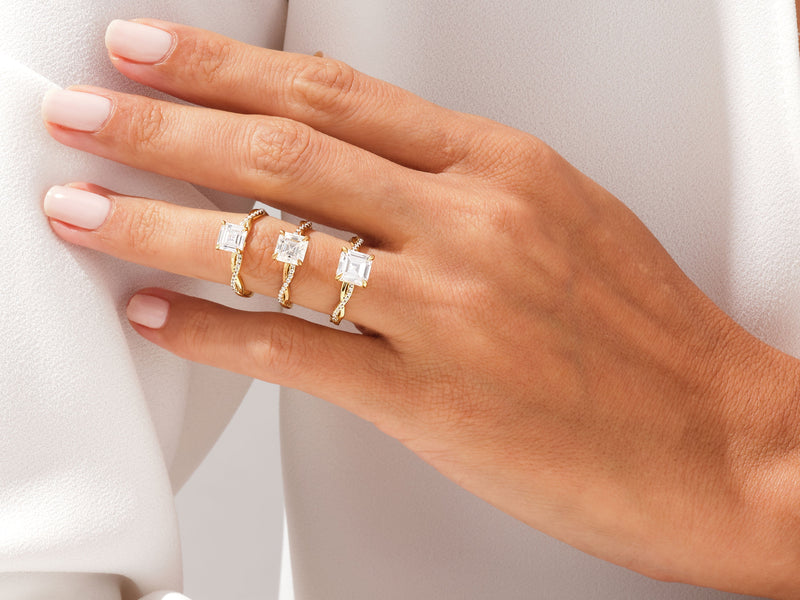 Asscher Twisted Moissanite Engagement Ring with Pave Set Side Stones (2.00 CT)