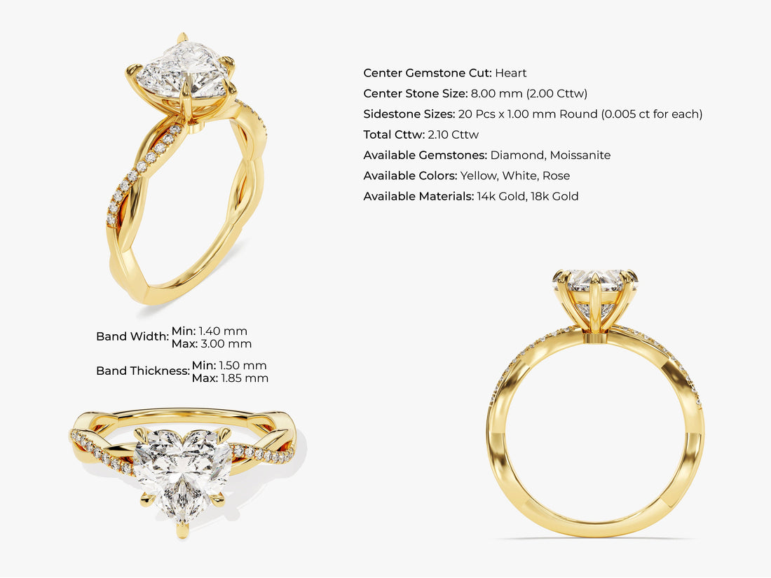 Heart Twisted Moissanite Engagement Ring with Pave Set Side Stones (2.00 CT)