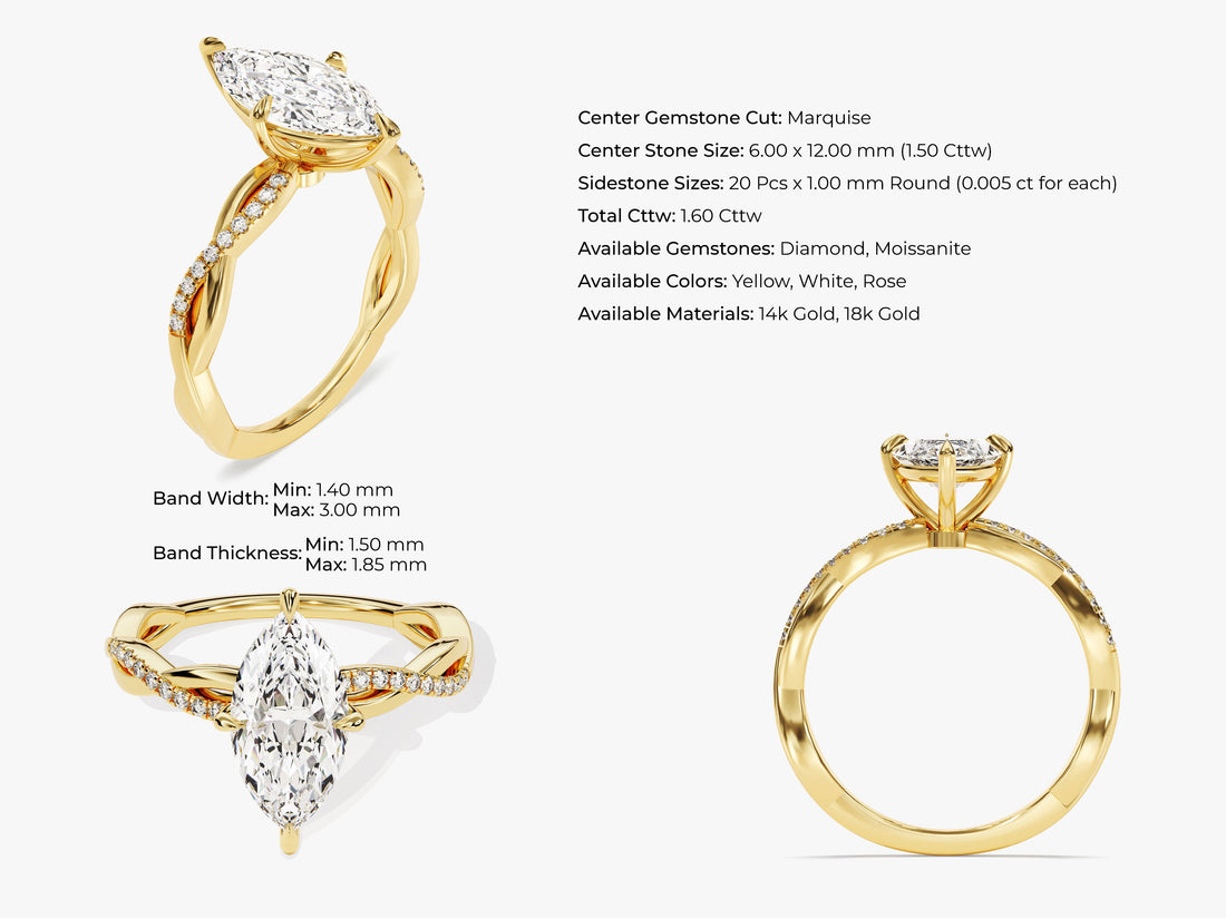 Marquise Twisted Moissanite Engagement Ring with Pave Set Side Stones (1.50 CT)