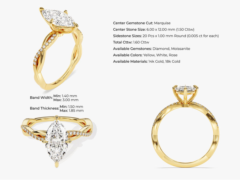 Marquise Twisted Moissanite Engagement Ring with Pave Set Side Stones (1.50 CT)
