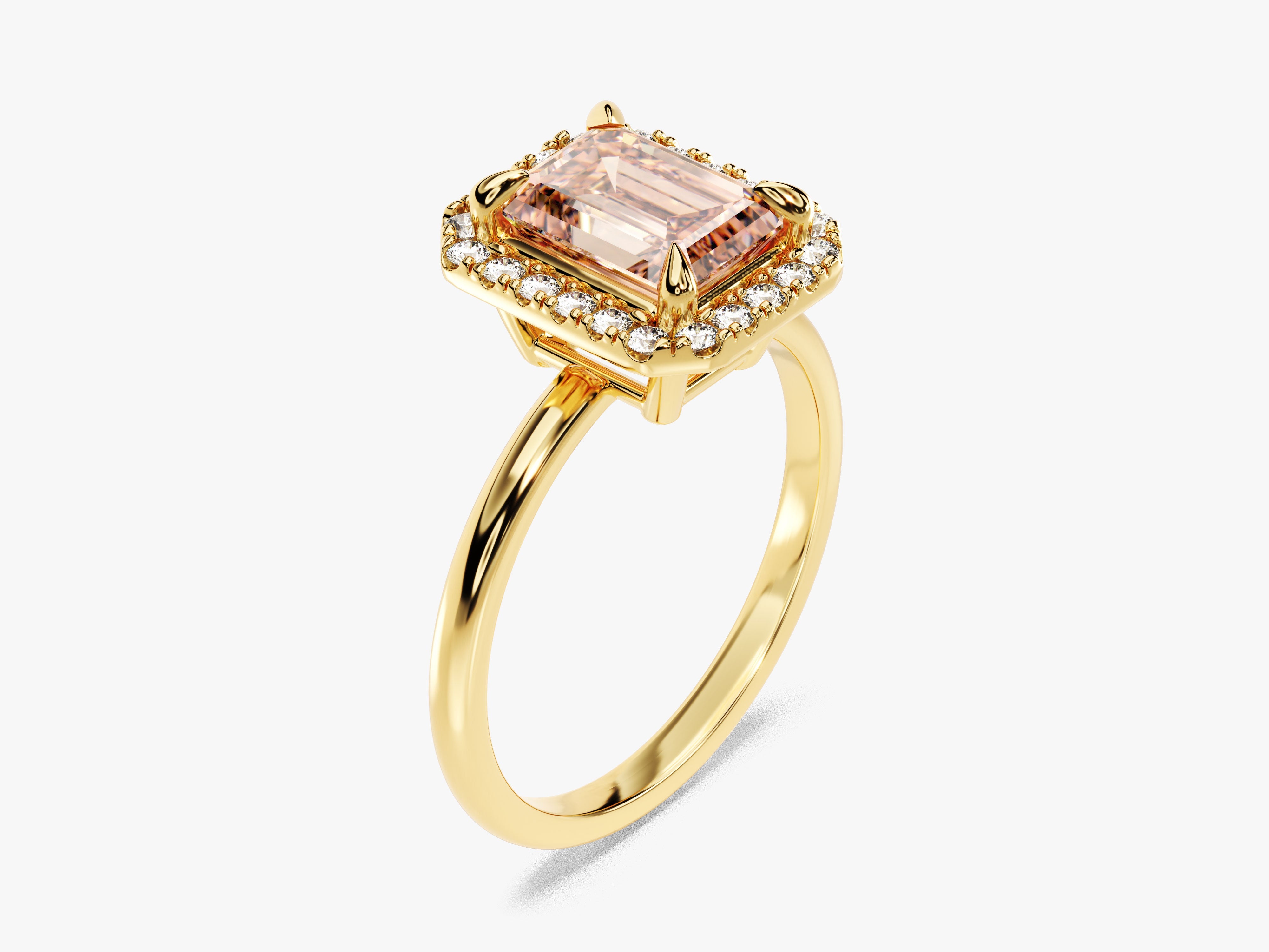 Emerald Cut Peach Morganite Halo Engagement Ring