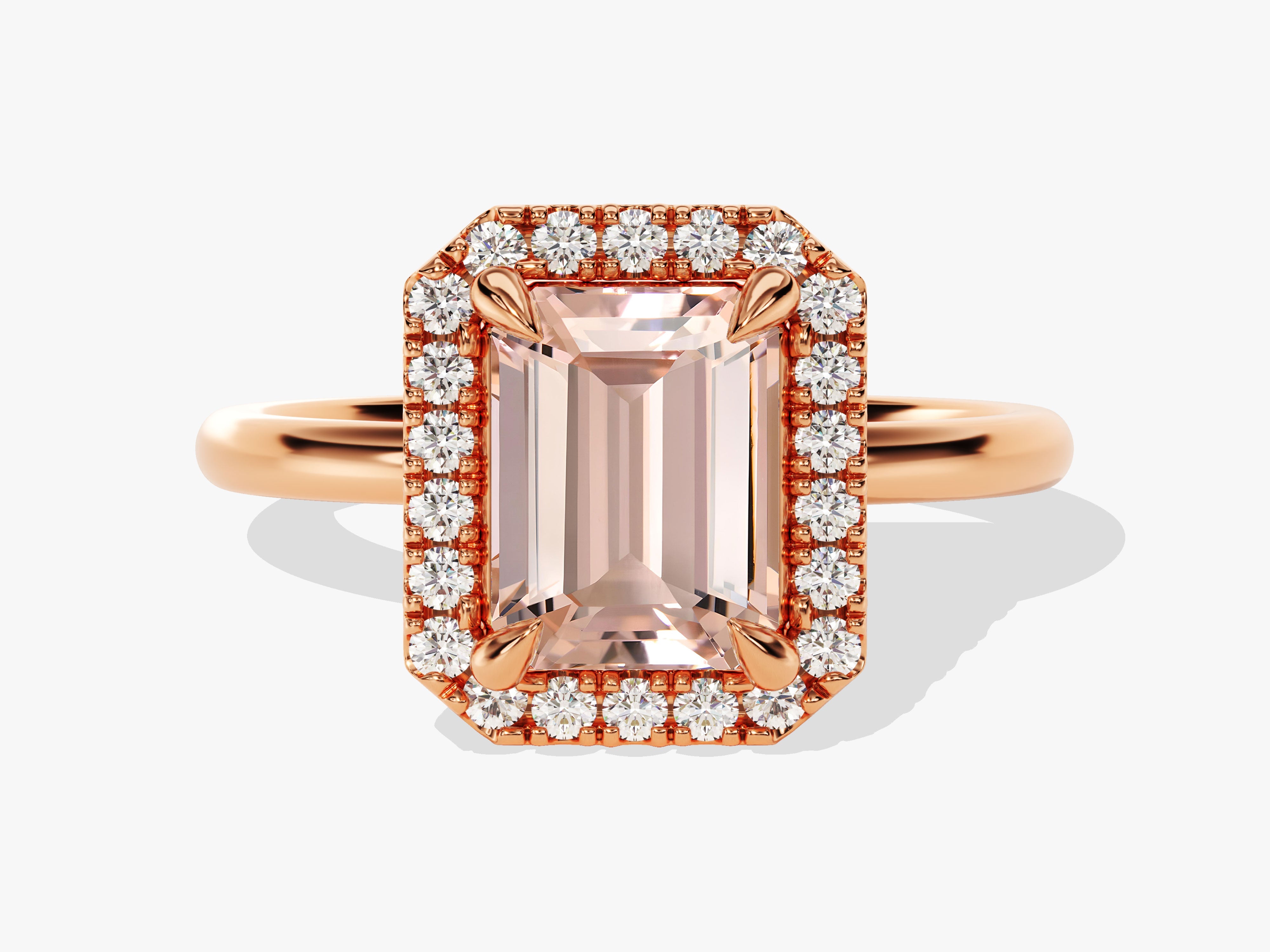 Emerald Cut Peach Morganite Halo Engagement Ring