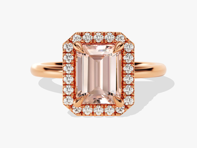 Emerald Cut Peach Morganite Halo Engagement Ring