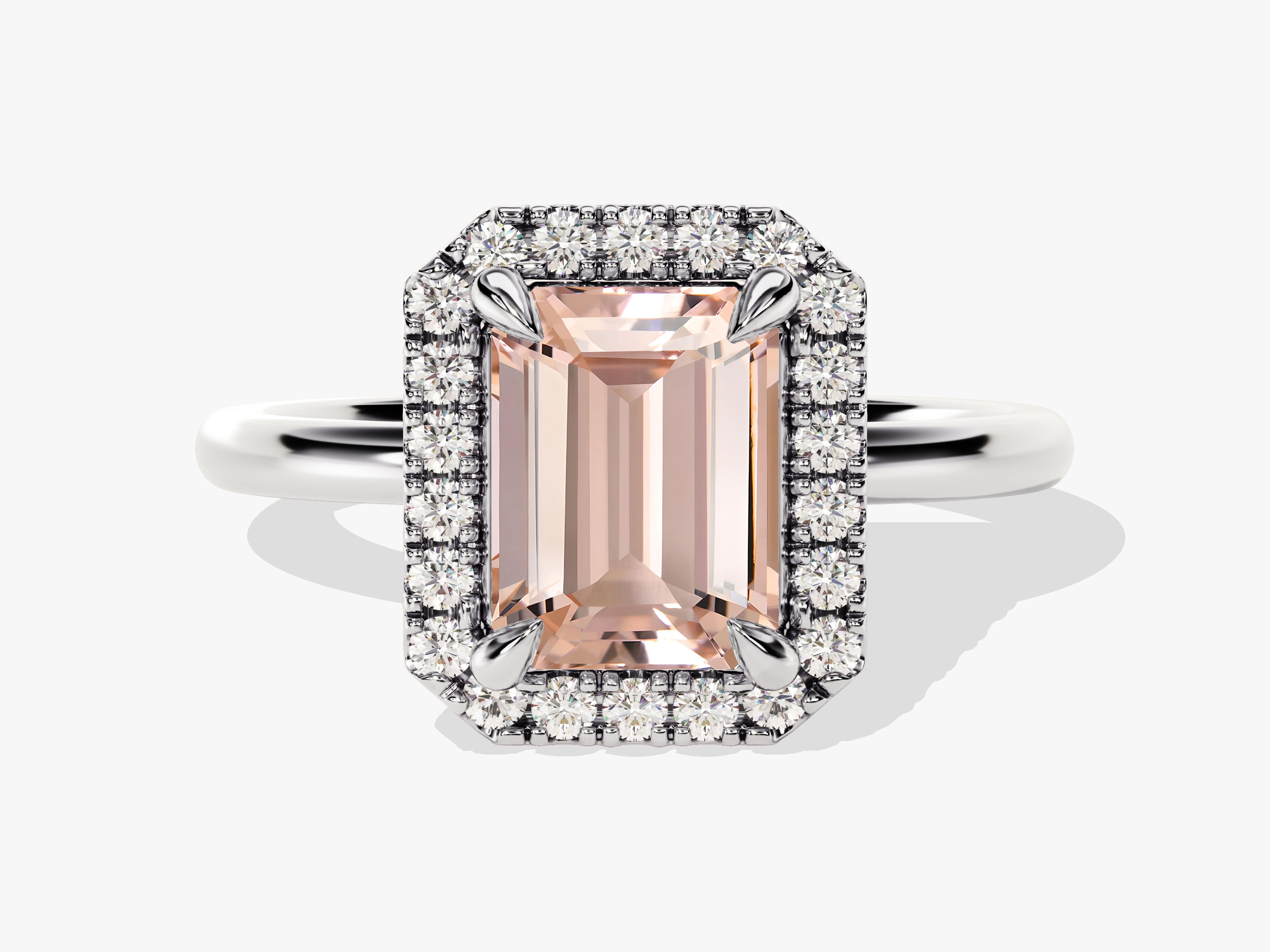 Emerald Cut Peach Morganite Halo Engagement Ring