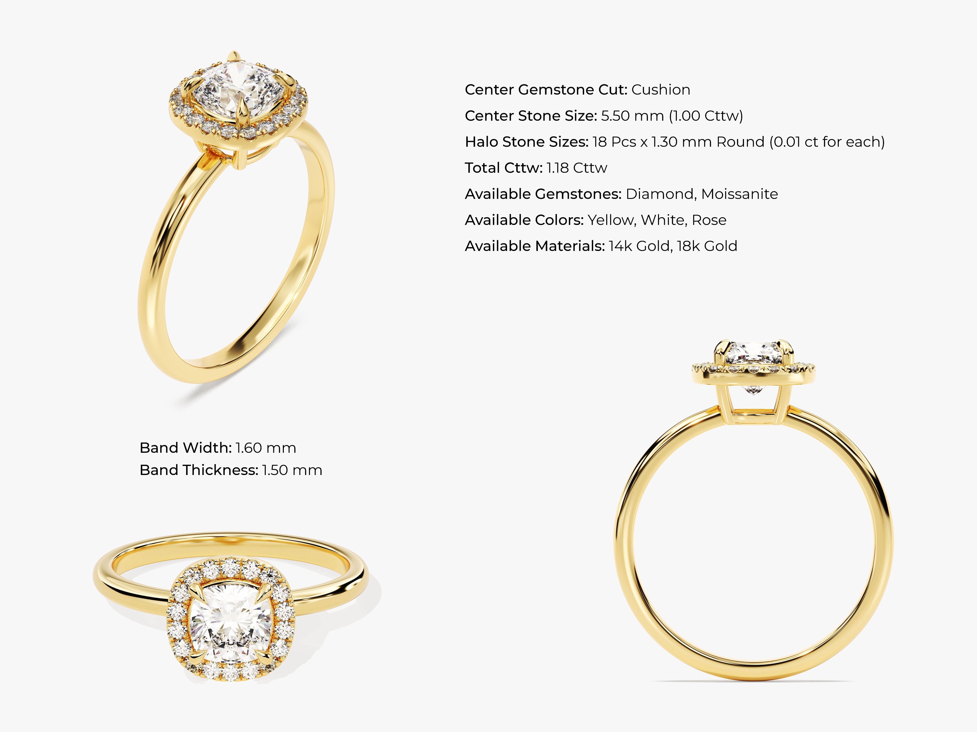 Cushion Halo Moissanite Engagement Ring (1.00 CT)