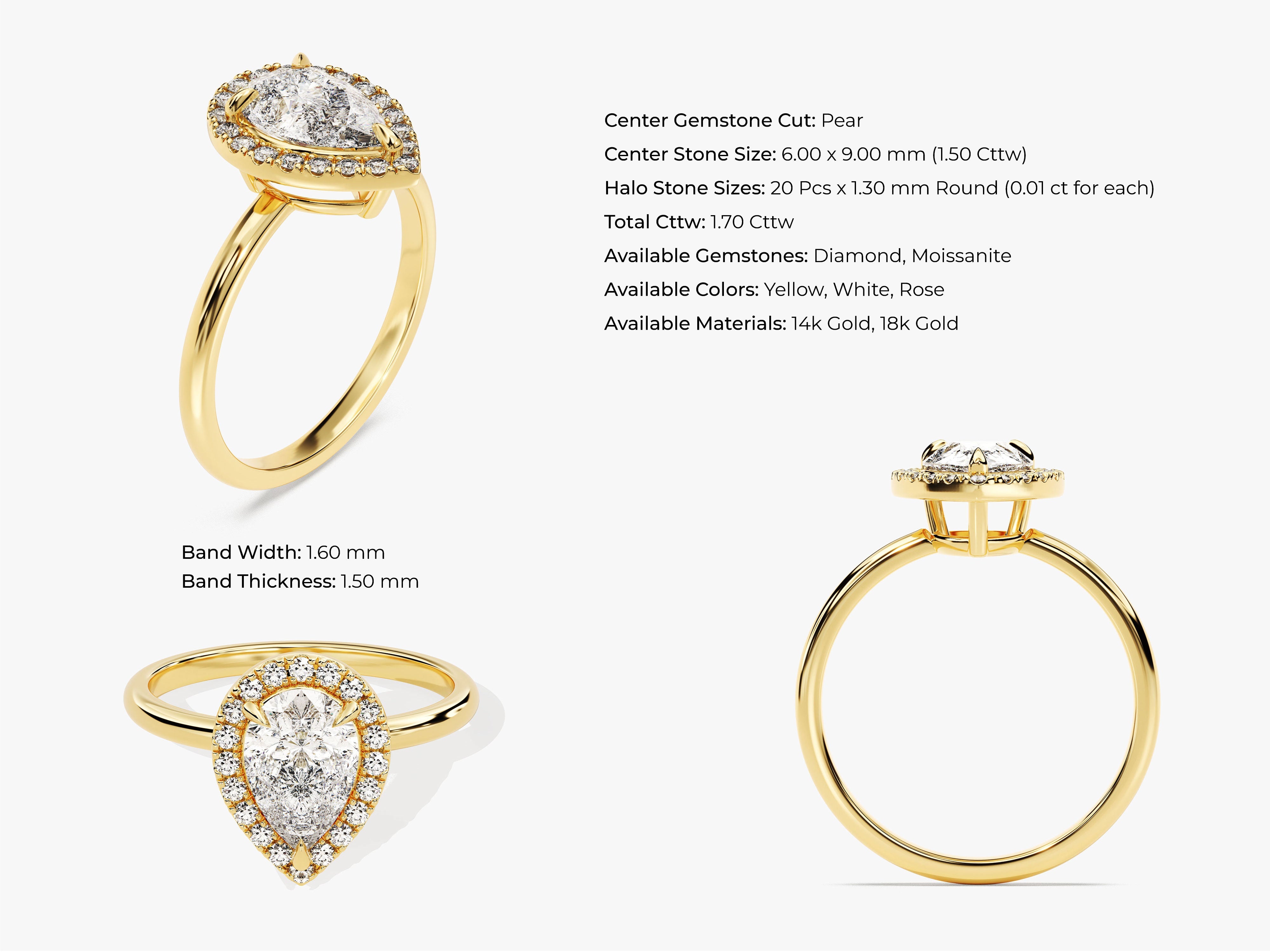 Pear Halo Moissanite Engagement Ring (1.50 CT)