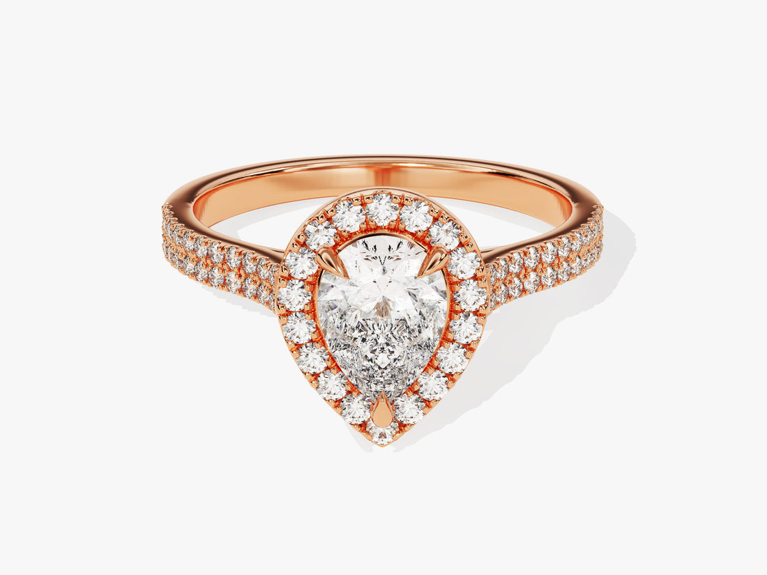 Double Shank Pear Halo Moissanite Engagement Ring (1.00 CT)
