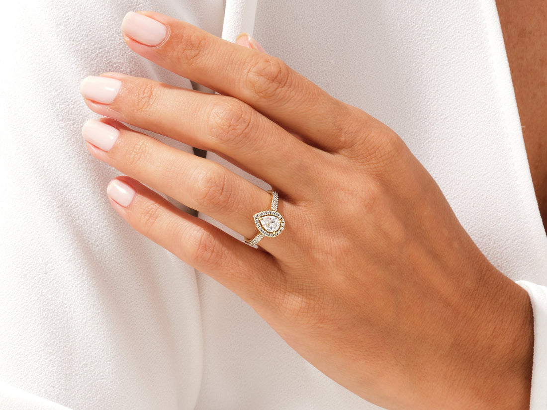 Double Shank Pear Halo Moissanite Engagement Ring (1.00 CT)