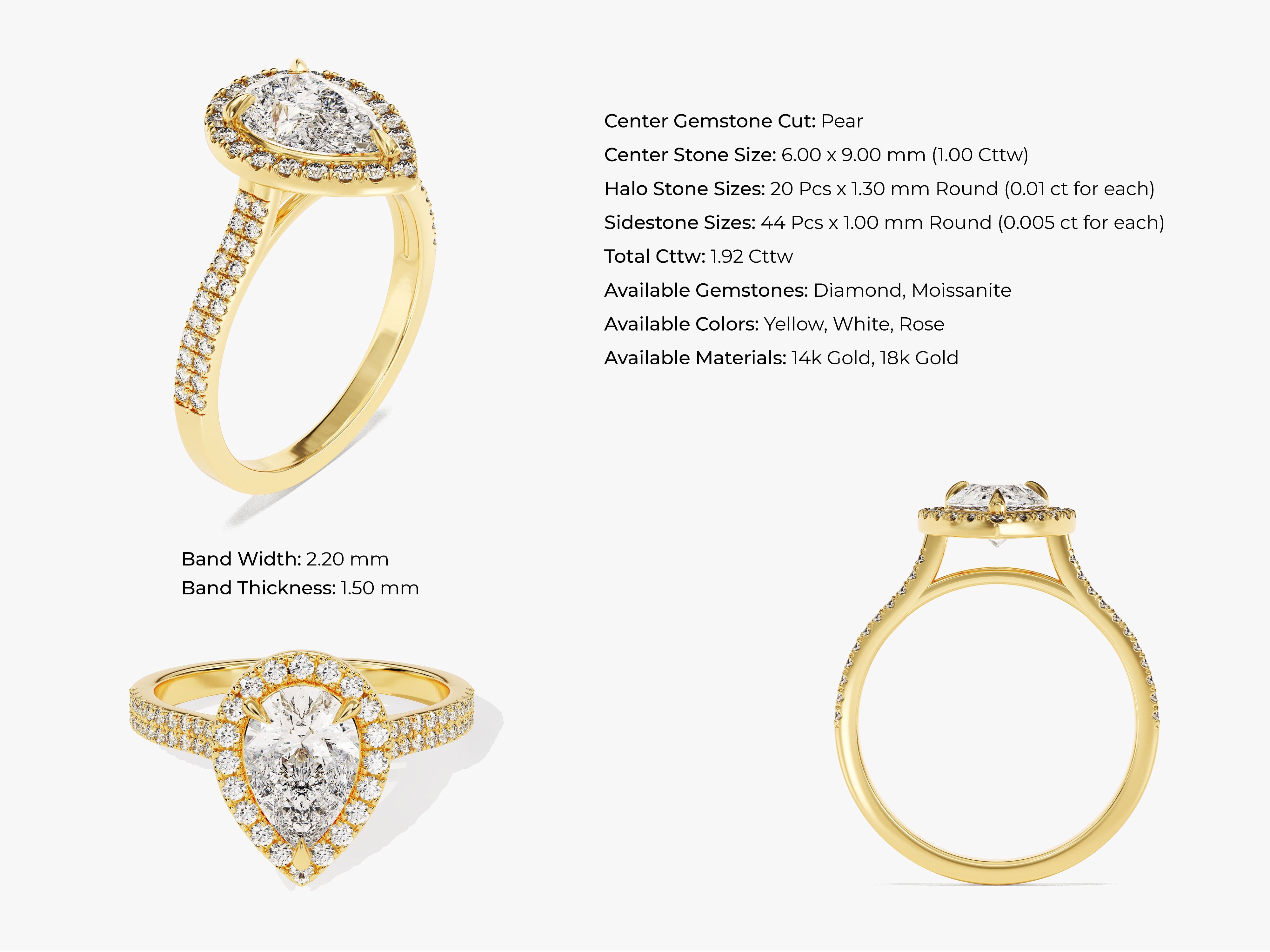 Double Shank Pear Halo Moissanite Engagement Ring (1.50 CT)