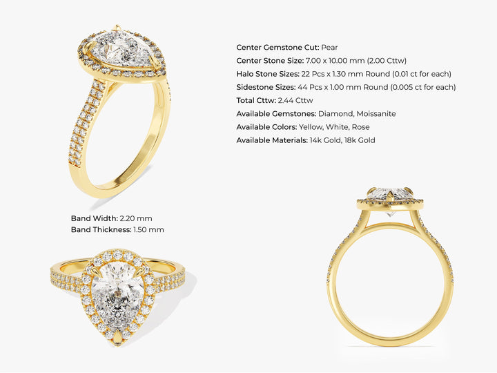 Double Shank Pear Halo Moissanite Engagement Ring (2.00 CT)