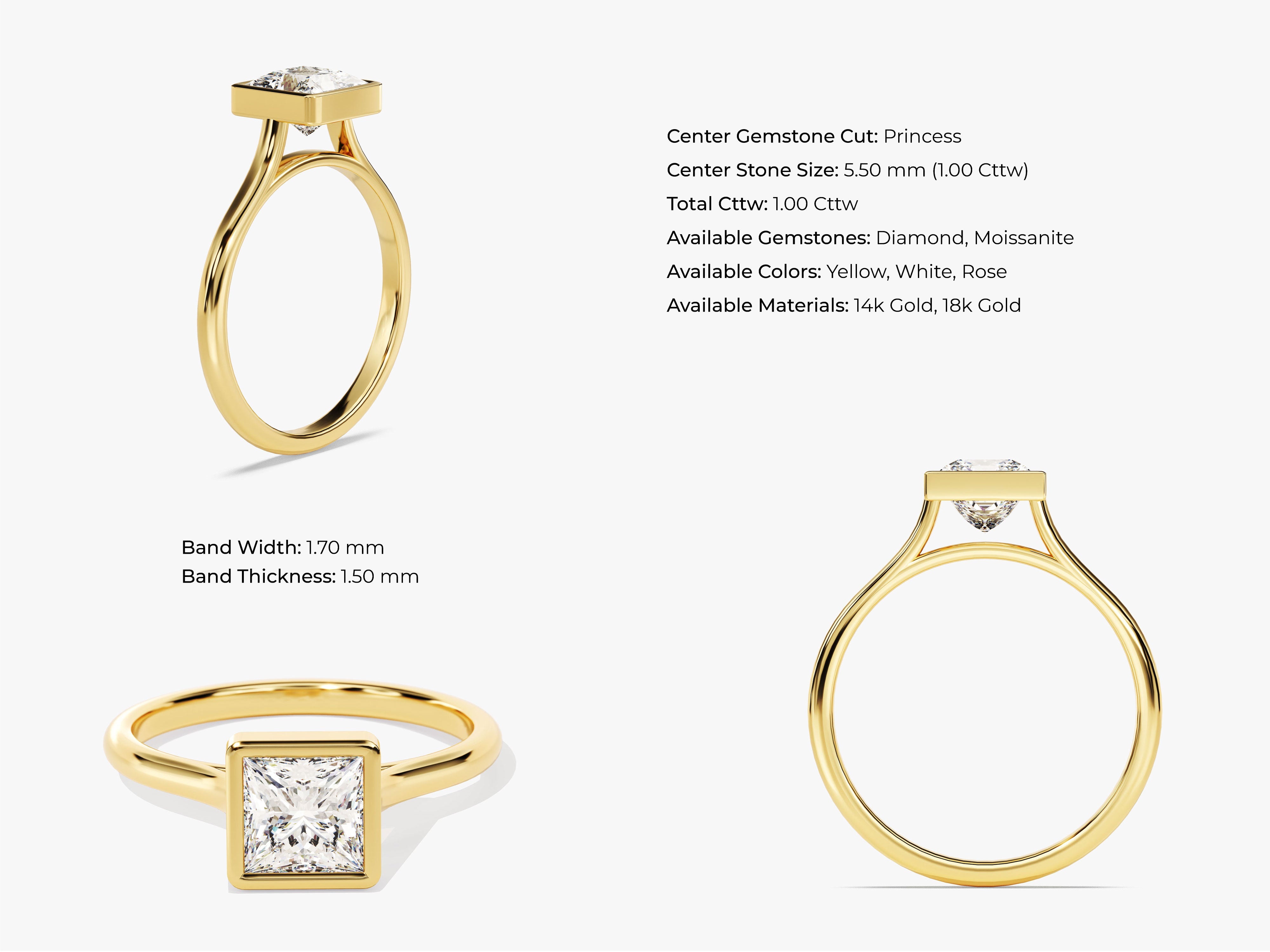 Bezel Princess Moissanite Engagement Ring (1.00 CT)