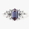 Long Hexagon Lab Alexandrite Engagement Ring with Moissanite Sidestones