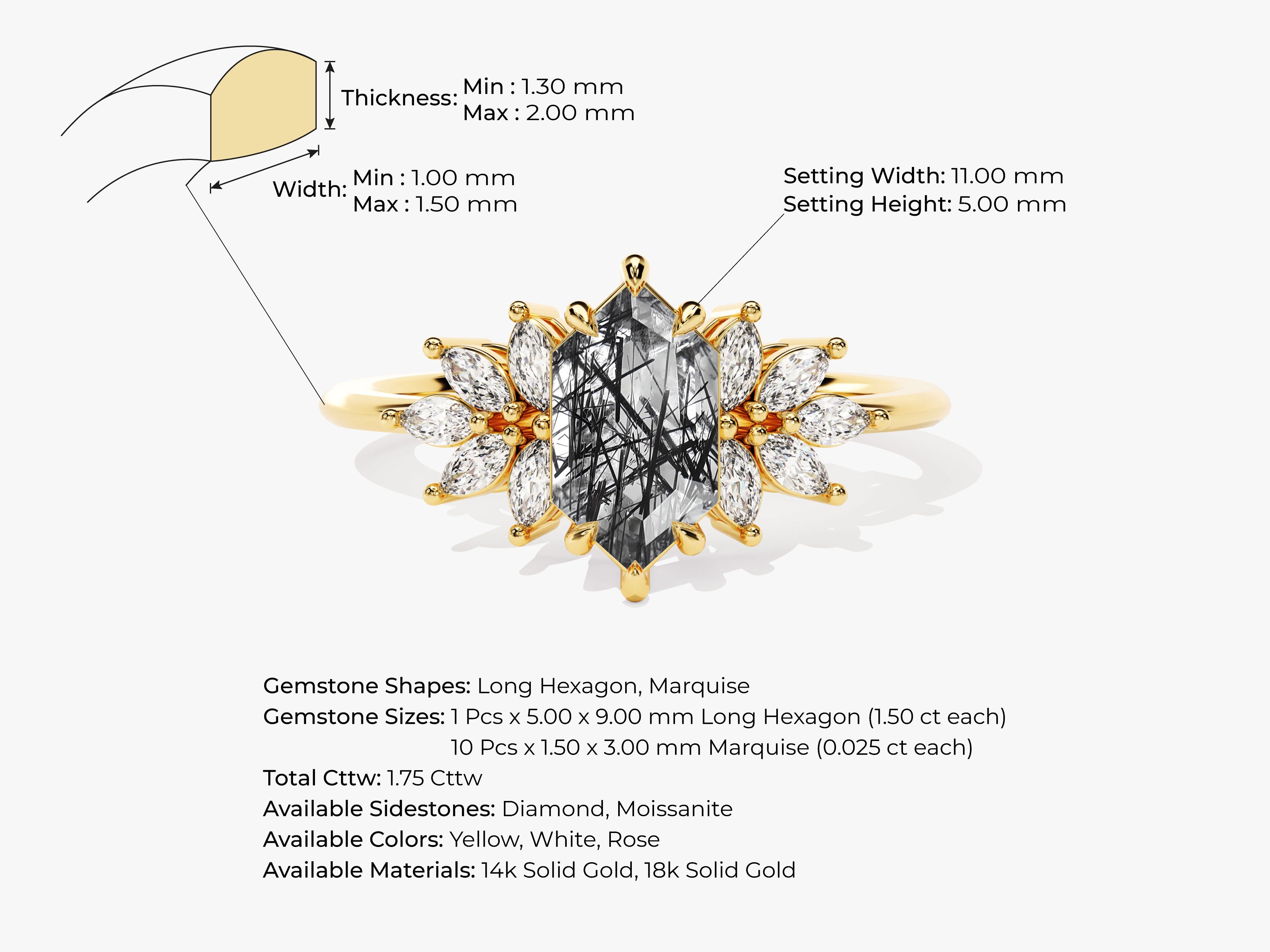 Long Hexagon Black Rutilated Quartz Engagement Ring with Moissanite Sidestones.
