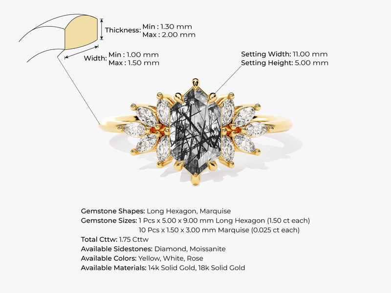 Long Hexagon Black Rutilated Quartz Engagement Ring with Moissanite Sidestones.