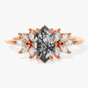Long Hexagon Black Rutilated Quartz Engagement Ring with Moissanite Sidestones.