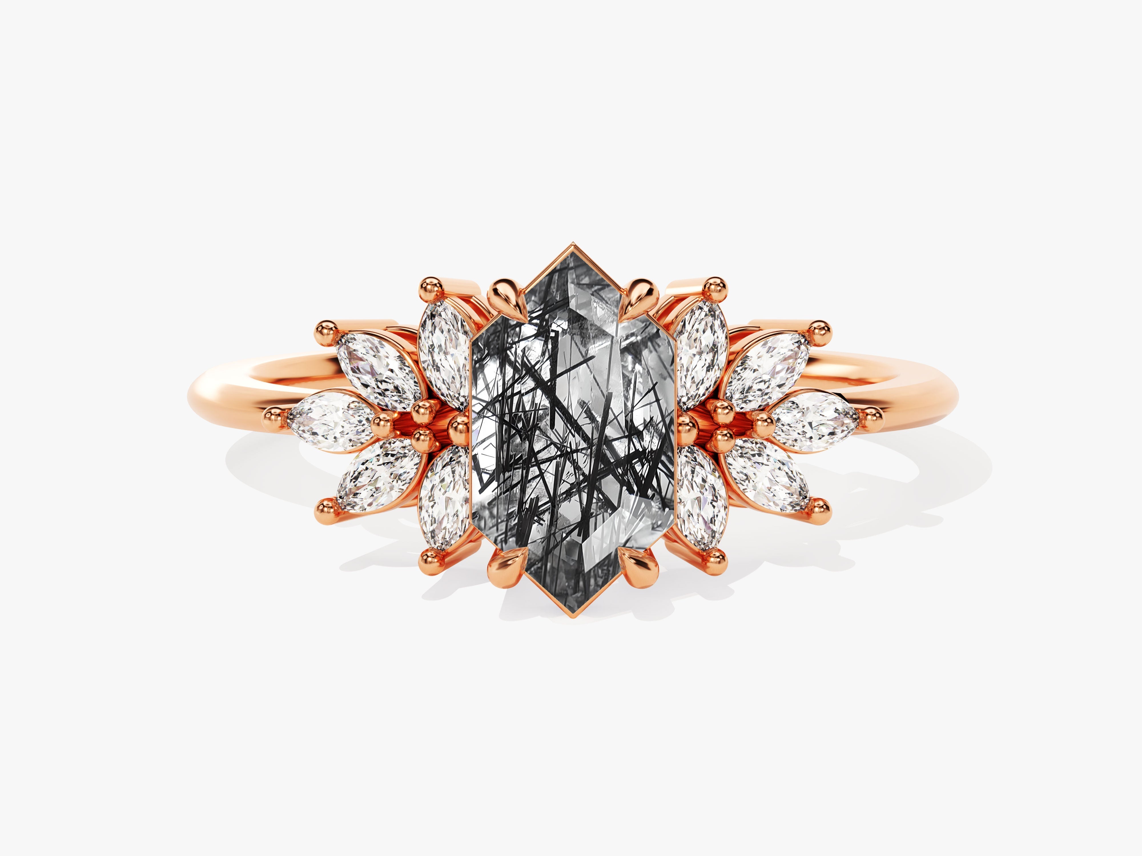 Long Hexagon Black Rutilated Quartz Engagement Ring with Moissanite Sidestones.