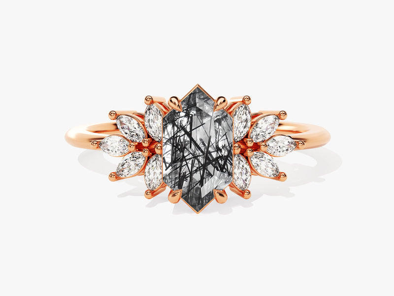 Long Hexagon Black Rutilated Quartz Engagement Ring with Moissanite Sidestones.