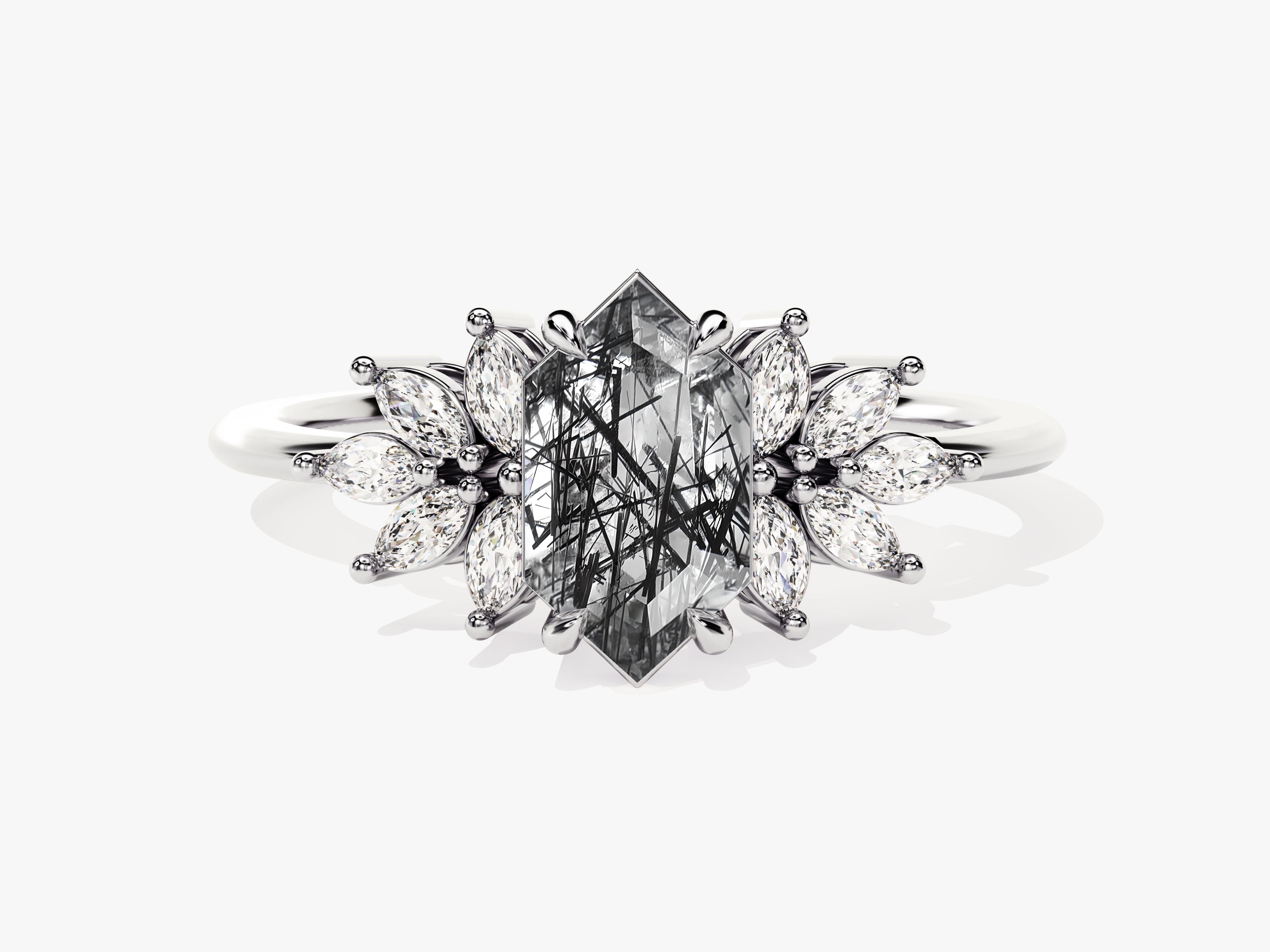 Long Hexagon Black Rutilated Quartz Engagement Ring with Moissanite Sidestones.