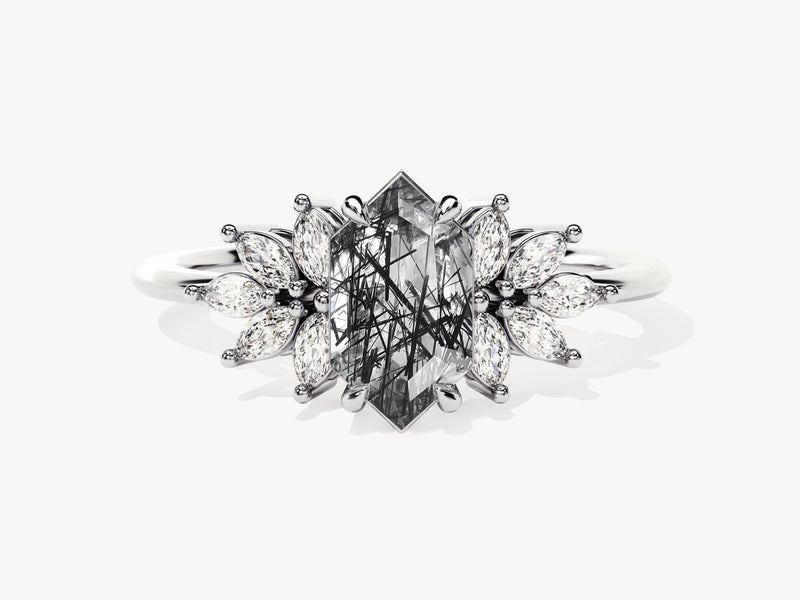 Long Hexagon Black Rutilated Quartz Engagement Ring with Moissanite Sidestones.