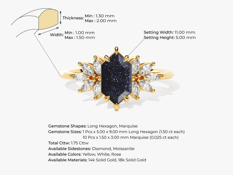 Long Hexagon Blue Sandstone Engagement Ring with Moissanite Sidestones.