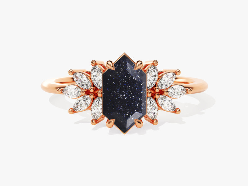 Long Hexagon Blue Sandstone Engagement Ring with Moissanite Sidestones.