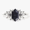 Long Hexagon Blue Sandstone Engagement Ring with Moissanite Sidestones.