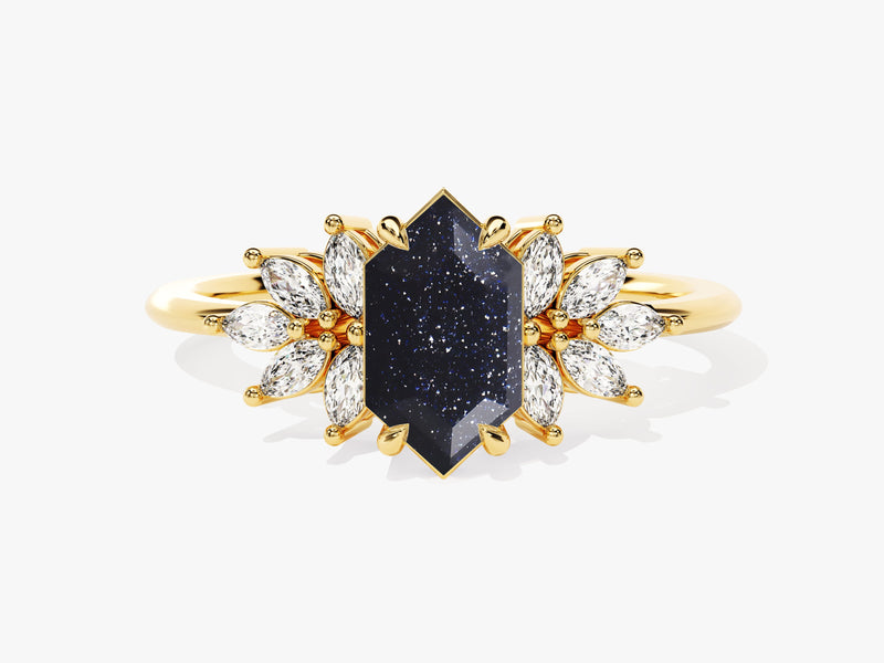 Long Hexagon Blue Sandstone Engagement Ring with Moissanite Sidestones.