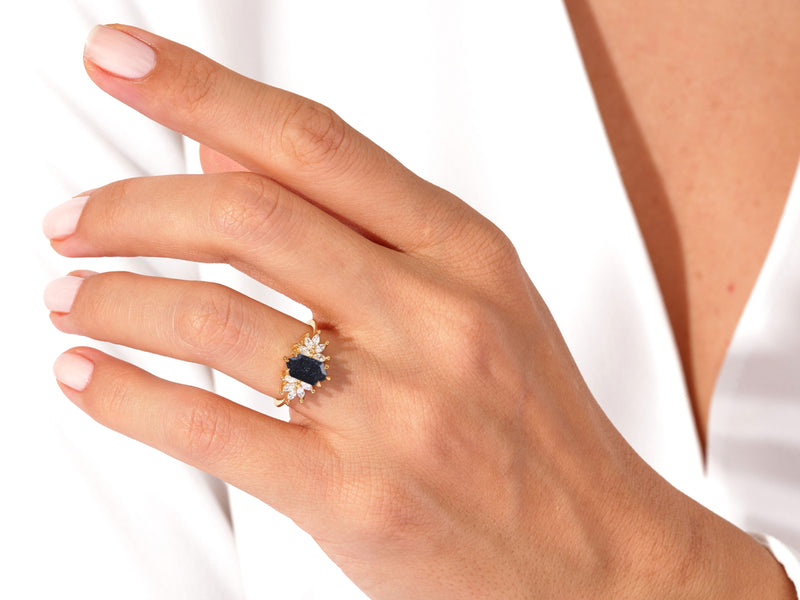 Long Hexagon Blue Sandstone Engagement Ring with Moissanite Sidestones.