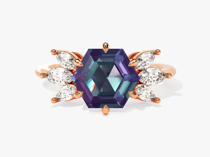 Hexagon Lab Alexandrite Engagement Ring with Moissanite Sidestones